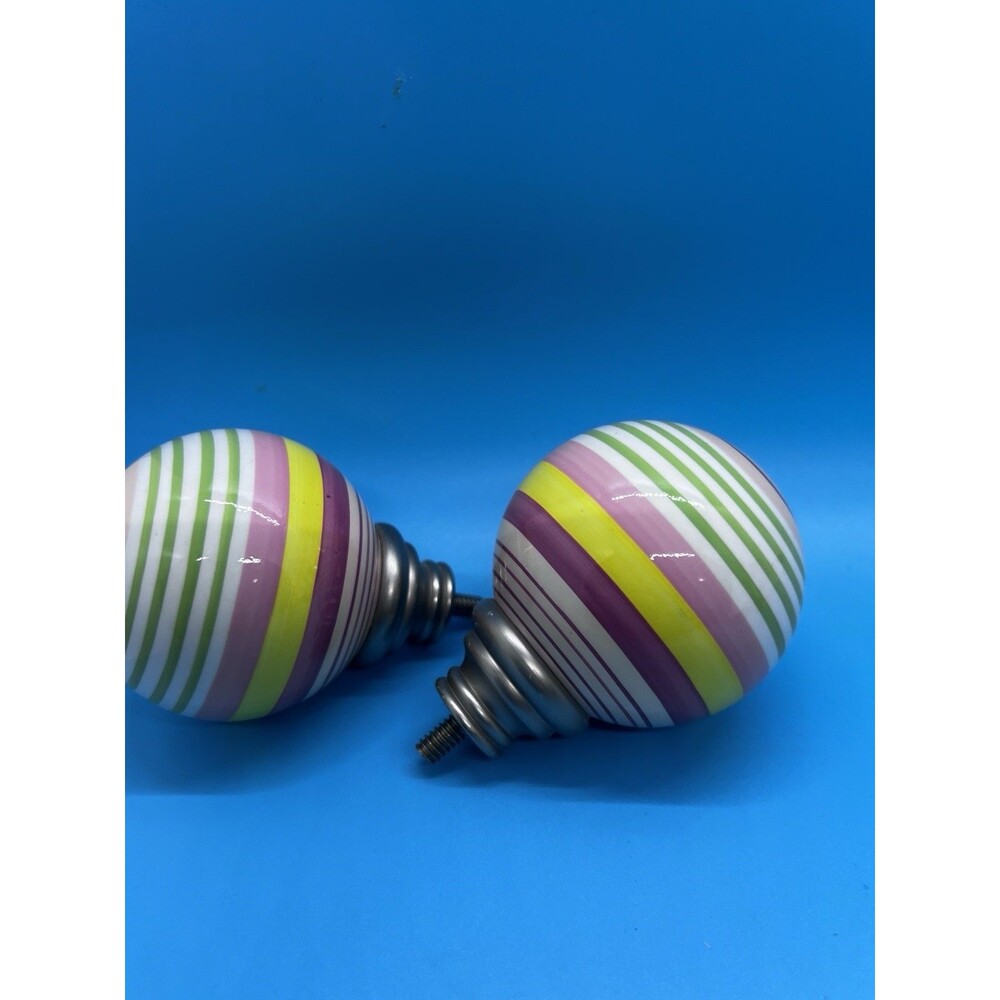 Pottery Barn Kids Finials Round Yellow Green pink Stripes Set of 2 curtain rod